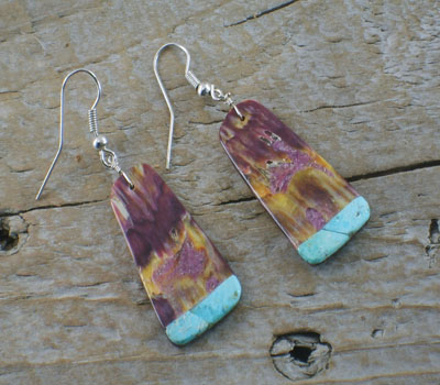 Native American Purple Spiney Slab Earrings  w/ Turquoise Inlay 2